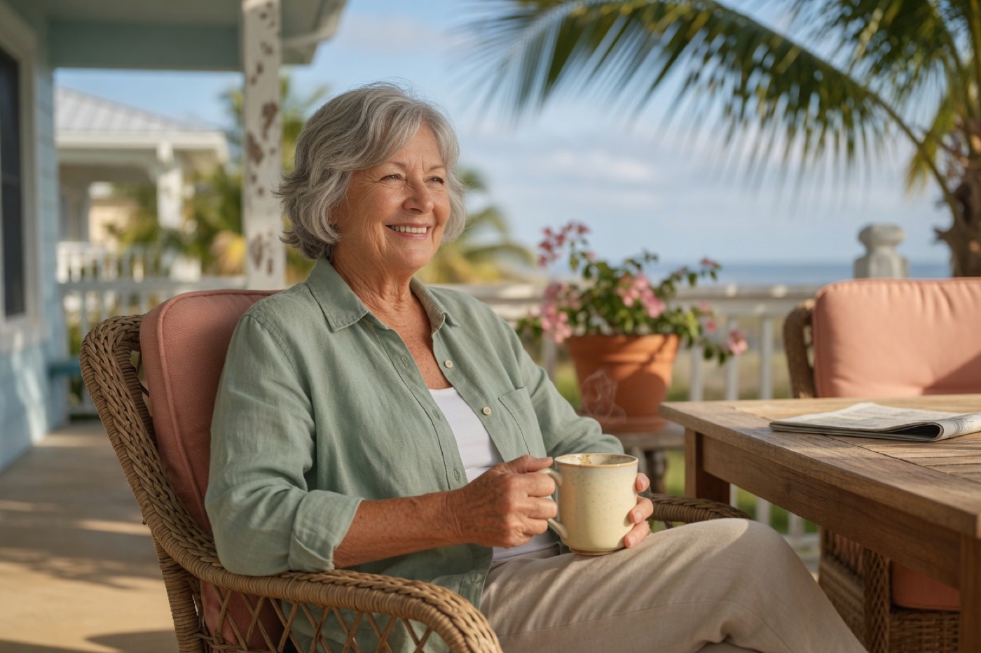 A woman enjoying a peaceful morning in retirement on her Florida porch
